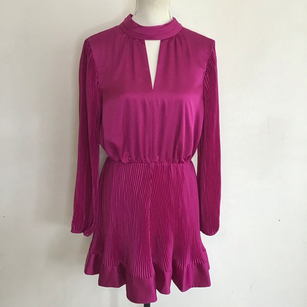 Milly Women Elegant Chic Fuchsia Pleated Long Sleeve Mini Dress Size 10
